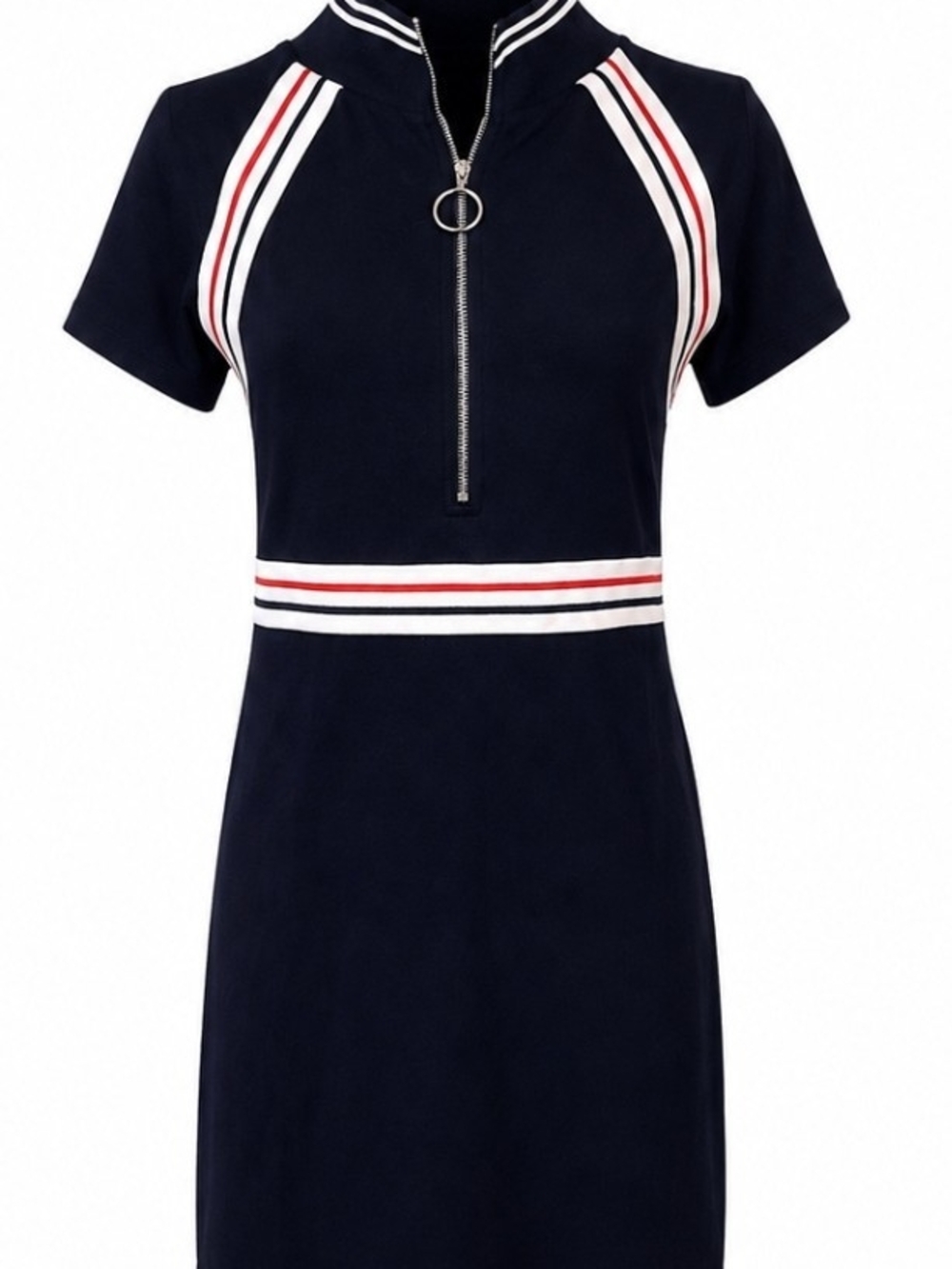 VENUS Navy Zip-Front Sport Dress with Red & White Stripes